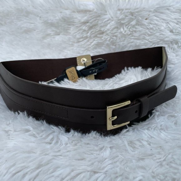 Linea Pelle LP Blue Women belt Brown Elastic Belt Gold Hardware Size US M/L new - Picture 2 of 12